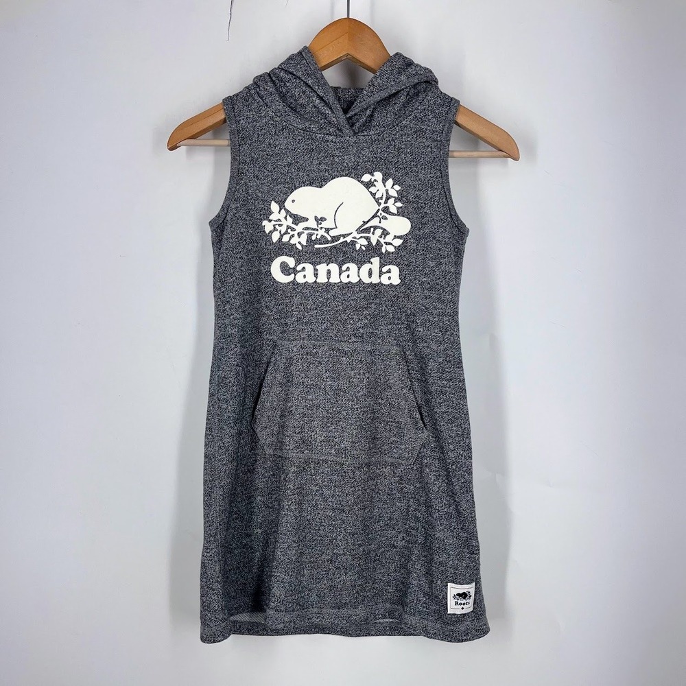 Roots Kids Girls Grey Salt Pepper Sleeveless Hoodie Dress Canada Beaver M 7-8